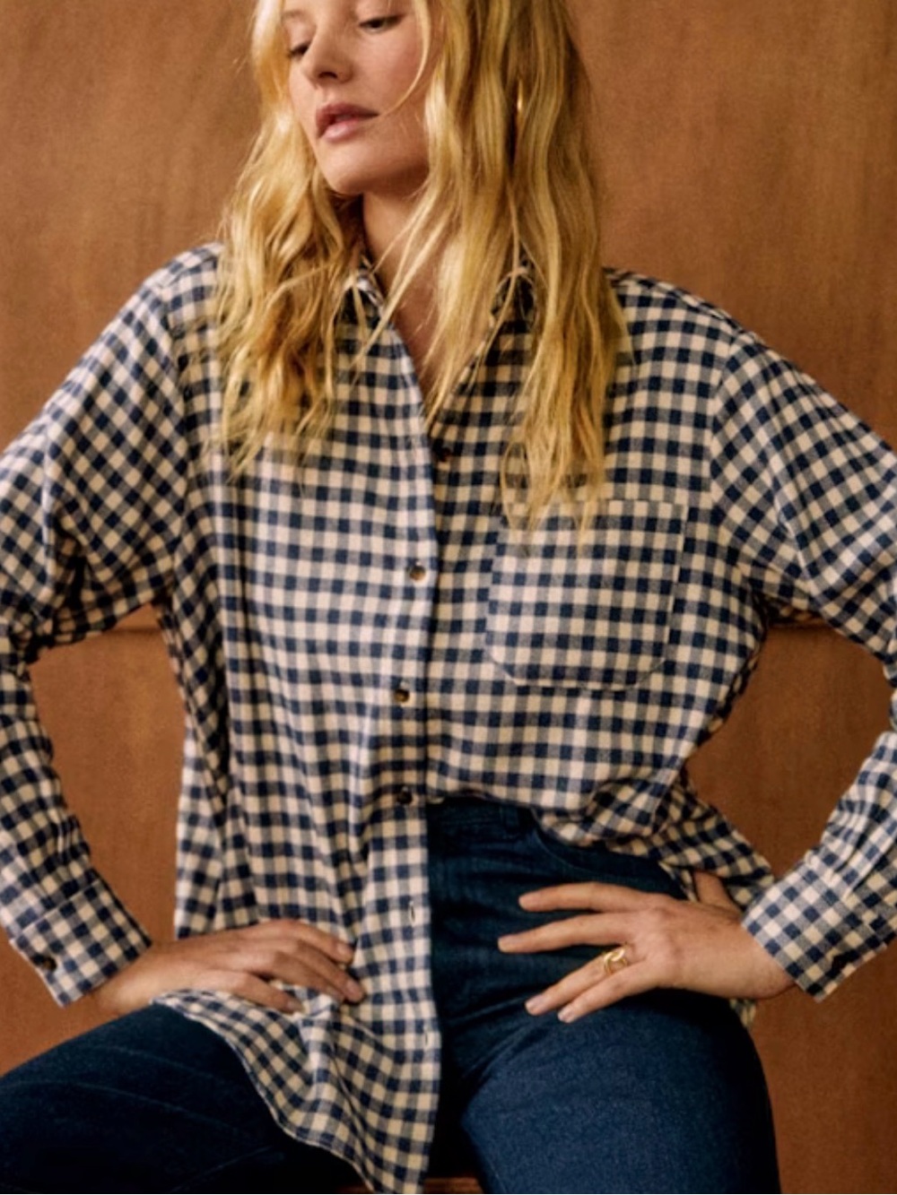 Sezane Max Long Sleeve Button Shirt in Blue Ecru Checks Gingham - Womens 36